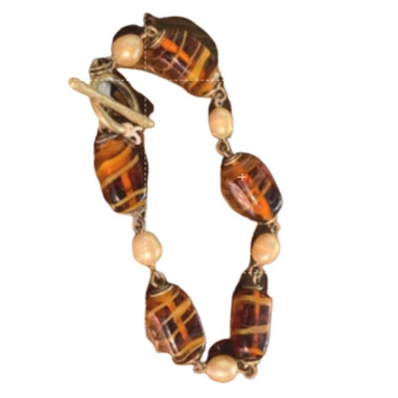 Lia Sophia Women's Fashion Jewelry Glass Bead Pearl Bracelet Swirl Brown Size 8" - Picture 1 of 4